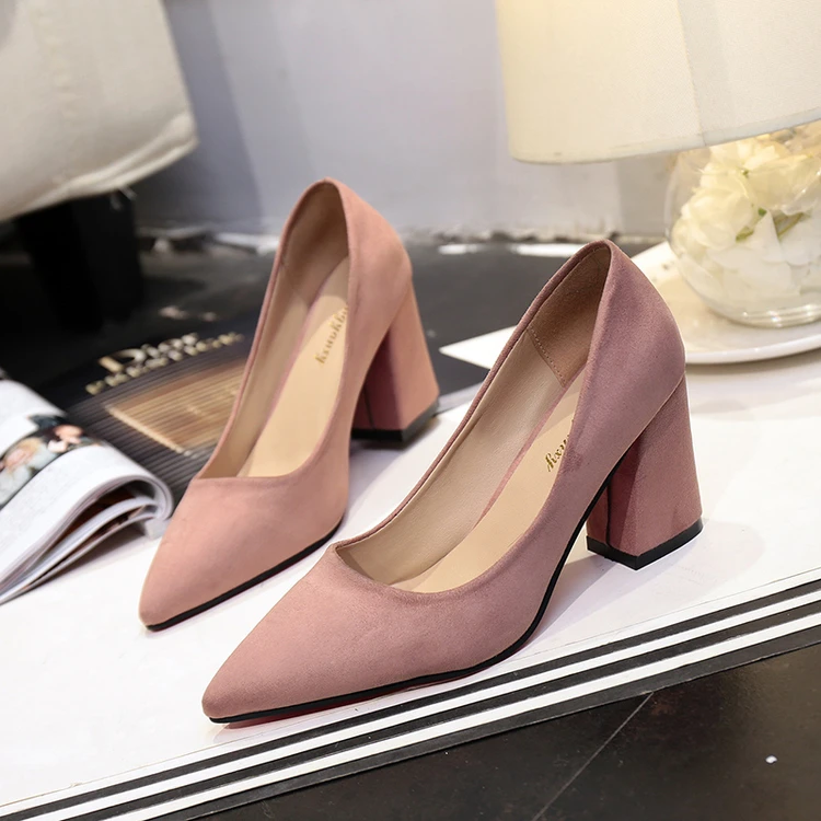 

2019 new Korean fashion wild pointed high heels suede shallow mouth thick with high heels comfortable trend sexy high heels