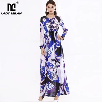 

Lady Milan Women's Runway Dresses O Neck Long Sleeves Ruffles Printed Floral High Street Fashion Casual Maxi Dress