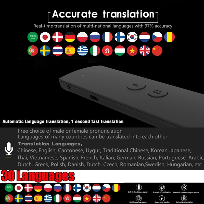 Portable T6 Smart Voice Speech Translator Two-Way Real Time 30 Multi-Language Translation for Learning Travelling Business Meet - ANKUX Tech Co., Ltd