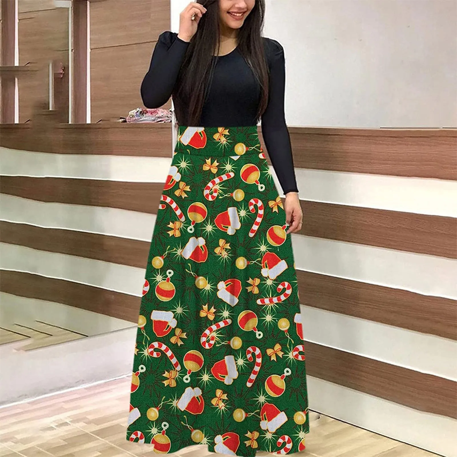 Women's Dress Casual Christmas Print Dresses Long Sleeve O-neck Loose High Waist Wedding Holiday Party Splice Maxi Dress Vestido 1