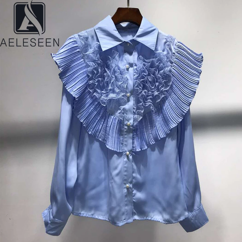 AELESEEN High Quality Blue Blouse Runway Fashion