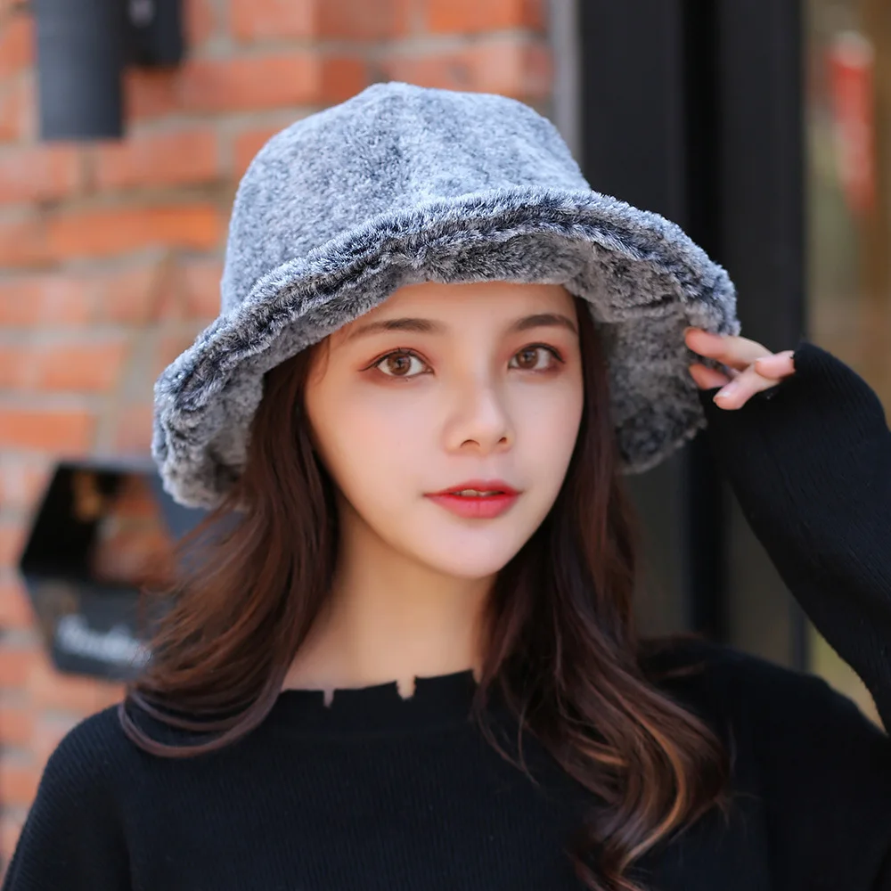 Японский женский зимний толстый теплый кролик ведро берет сплошной цвет мода