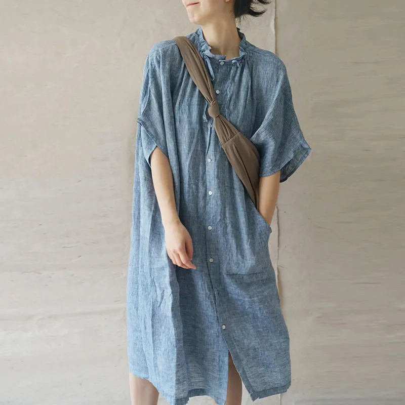 Johnature Loose Leisure Drawstring Collar Batwing Sleeve Cotton Linen Long Shirt 2020 New Solid Color Single Breasted Women Tops |