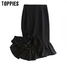 Черные женские юбки-трубы с высокой талией, Юбки миди с Сатиновыми оборками, офисные женские юбки Faldas