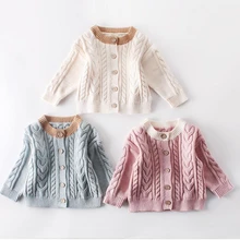 Свитер для маленьких девочек Вязаный осенне-зимний свитер теплые мягкие повседневные хлопковые пальто с круглым вырезом и пуговицами для девочек верхняя одежда