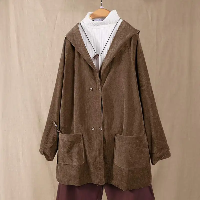 Brown ZANZEA, женские вельветовые пальто, винтажные толстовки, куртки с длинным рукавом, одноцветная Свободная верхняя одежда, Женская толстовка с капюшоном, пальто размера плюс, Топ - Цвет: Brown