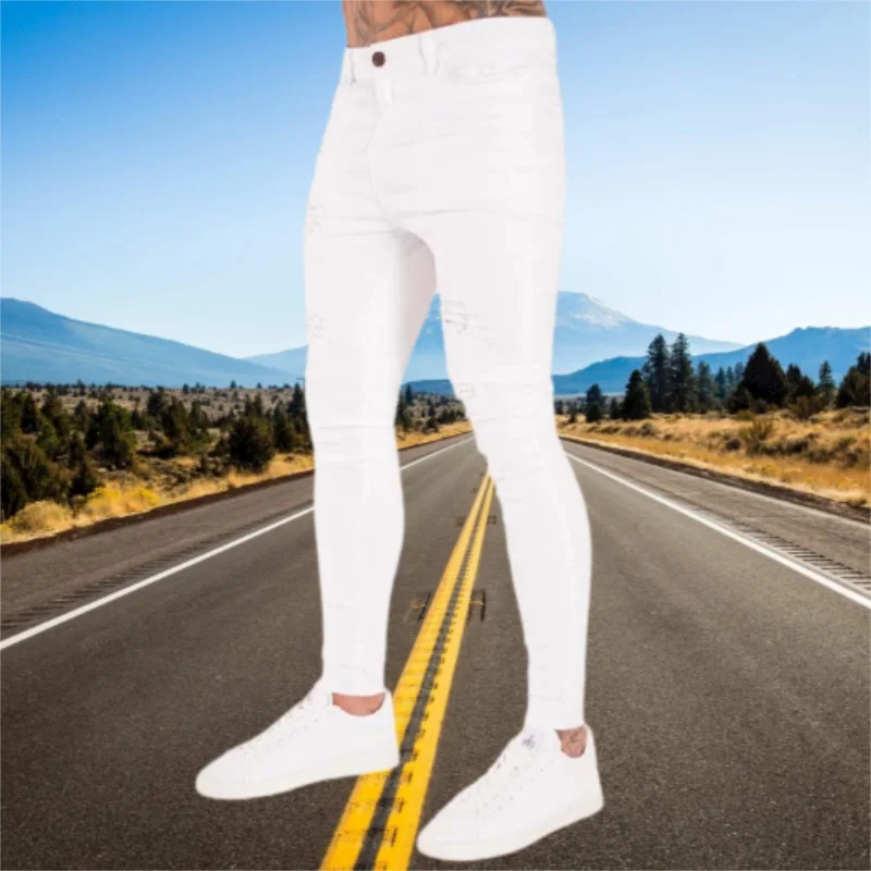 Men Jeans Elastic Waist Skinny Stretch Ripped Denim Pants Joggers Trousers