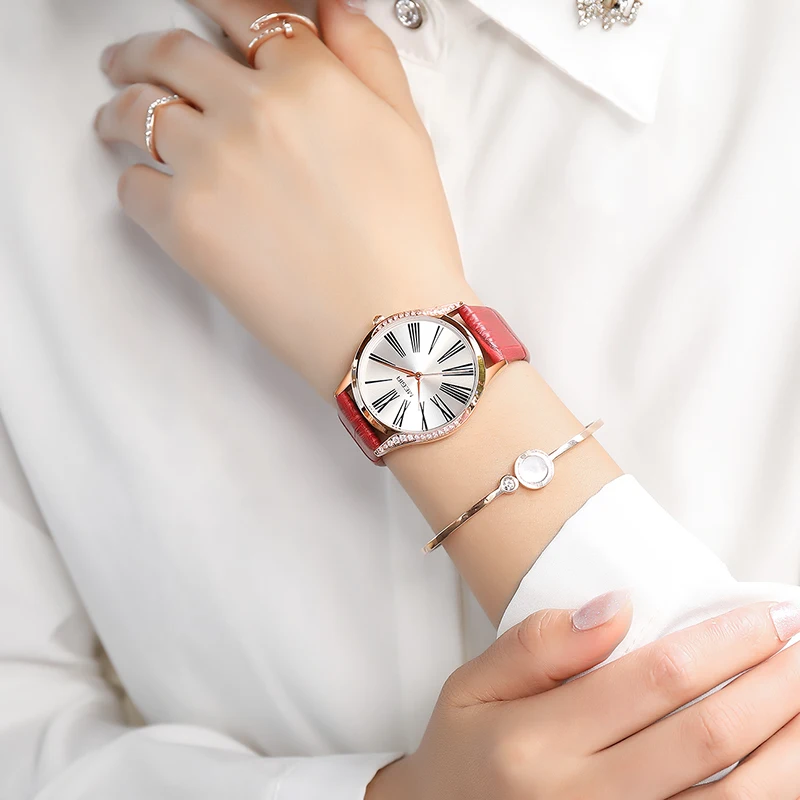 Модные женские часы MEGIR Красные Кожаные Женские кварцевые наручные часы женские часы любовник часовые Часы Relogio Feminino для девочек