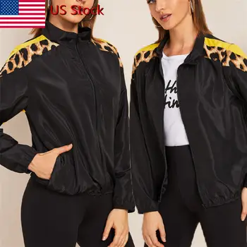 

Women Autumn Spring Slim Sport Leopard Stitching top Zipper Punk Loose Coat Jacket Tops Cool Girl Ladies Streetwear