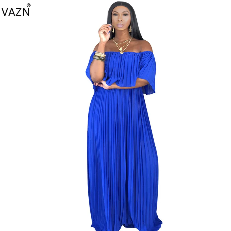 VAZN YC1848 новые каникулы мягкие Бесплатные сексуальные молодых моды твердые Slash шеи половина рукав летучая мышь шифоновое женское Макси плиссированное платье
