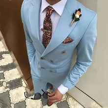 Light Blue Double Breasted Men Suits Costume Homme Wedding Prom Slim Fit Tuxedo Groom 2 Pcs Jacket+Pant
