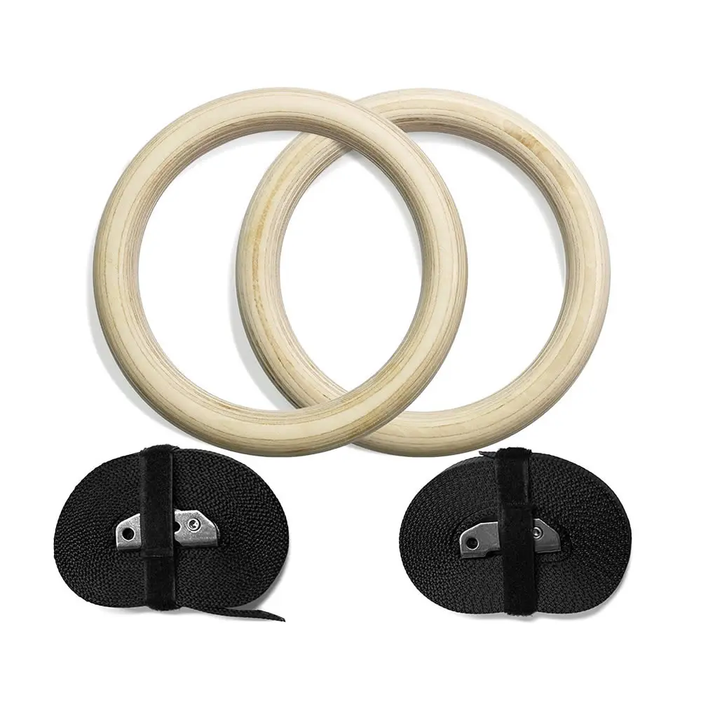 1 Pair Birch Wood Gymnastic Rings Pull Up GYM Ring for Home Fitness Strength Training. 2.8cm*4.5m Adjustable Straps for Optional