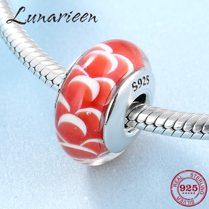 

Authentic 925 Sterling Silver Lampwork Beads Orange Stripe Murano Glass Beads fit Pandora Original Bracelet Charms Jewelry