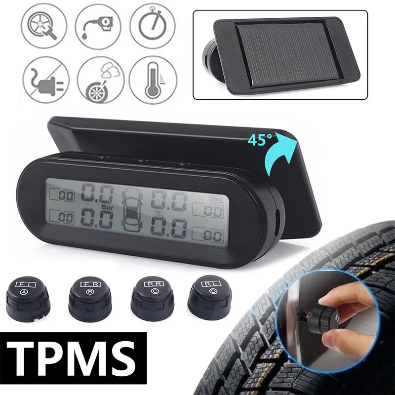 

USB TPMSPortable Tire Pressure Monitoring System with 4 External Sensor Black Anti-Explosion TPMS Solar Power Auto TPMS Android