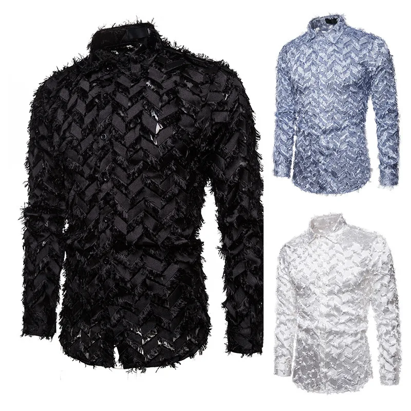 

Spring's New Men's Shirt Handmade Three-Dimensional Feather Fabric Features Henry Collar Long Sleeve Shirt