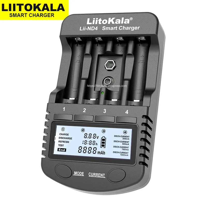 Kopen LiitoKala Lii ND4 NiMH Cd lader aa aaa lader LCD Display en Test batterij capaciteit Voor 1.2V aa aaa en 9V batterijen.
