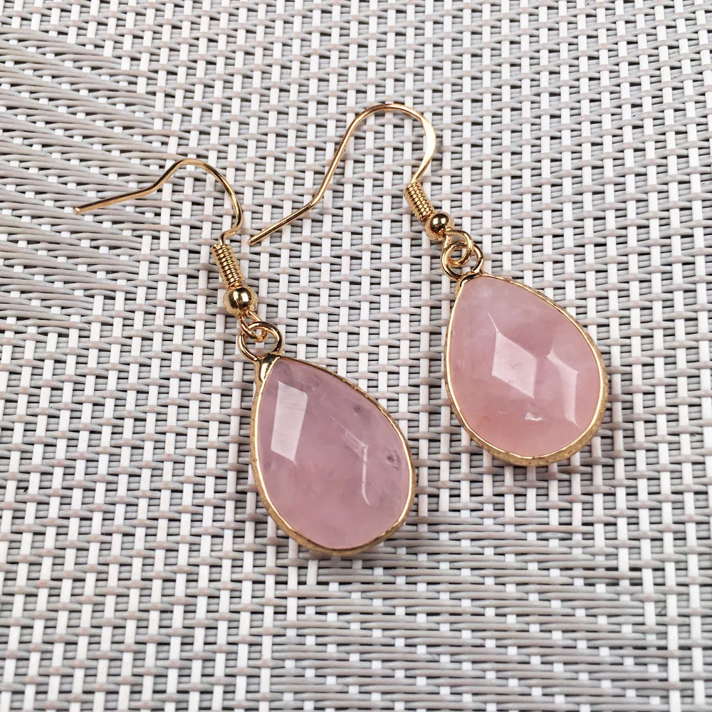 

2019 New Women Nature Stone Earrings Stud Exquisite Jewelry Handmade long drop shape Rose quartzs Stone Earring