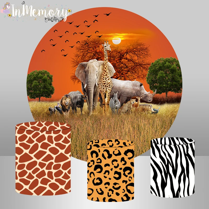 

Grassland Animals Jungle Party Background Circle Elephant Giraffe Boy Birthday Party Decor Cake Dessert Banner Round Backdrop