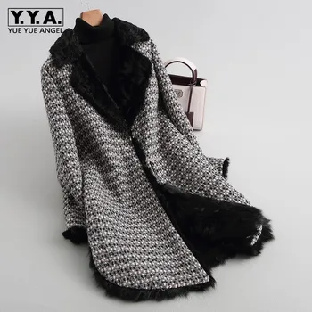 

Luxury Tweed Fur Overcoat Women Autumn Winter Long Sleeve Fur Collar Warm Coat Female Streetwear Elegant Fur Outerwear M-XL