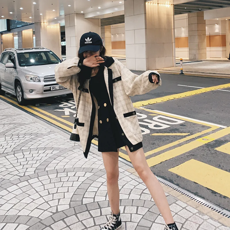 

2019 Autumn New Style Korean-style CHIC Retro Metal Button Graceful Pattern Tweed Contrast Color Jacket Women's