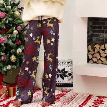 

ROPALIA Casual Female Christmas Print Trousers Winter Mid Waist Wide Leg Pants Loose Trousers