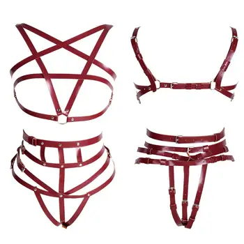 

Women Harness Leather Lingerie Set Waist Suspender Pentagram Garter Belt Open Goth Punk Adjust Panties Hollow Out Night Clubs