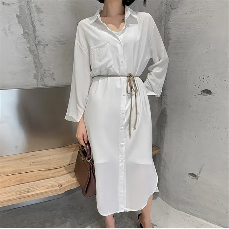

HziriP Early Autumn White New Arrival Loose Slender High Waist Streetwear Elegant Lace Up Large Size Solid Mid-Length Dresses