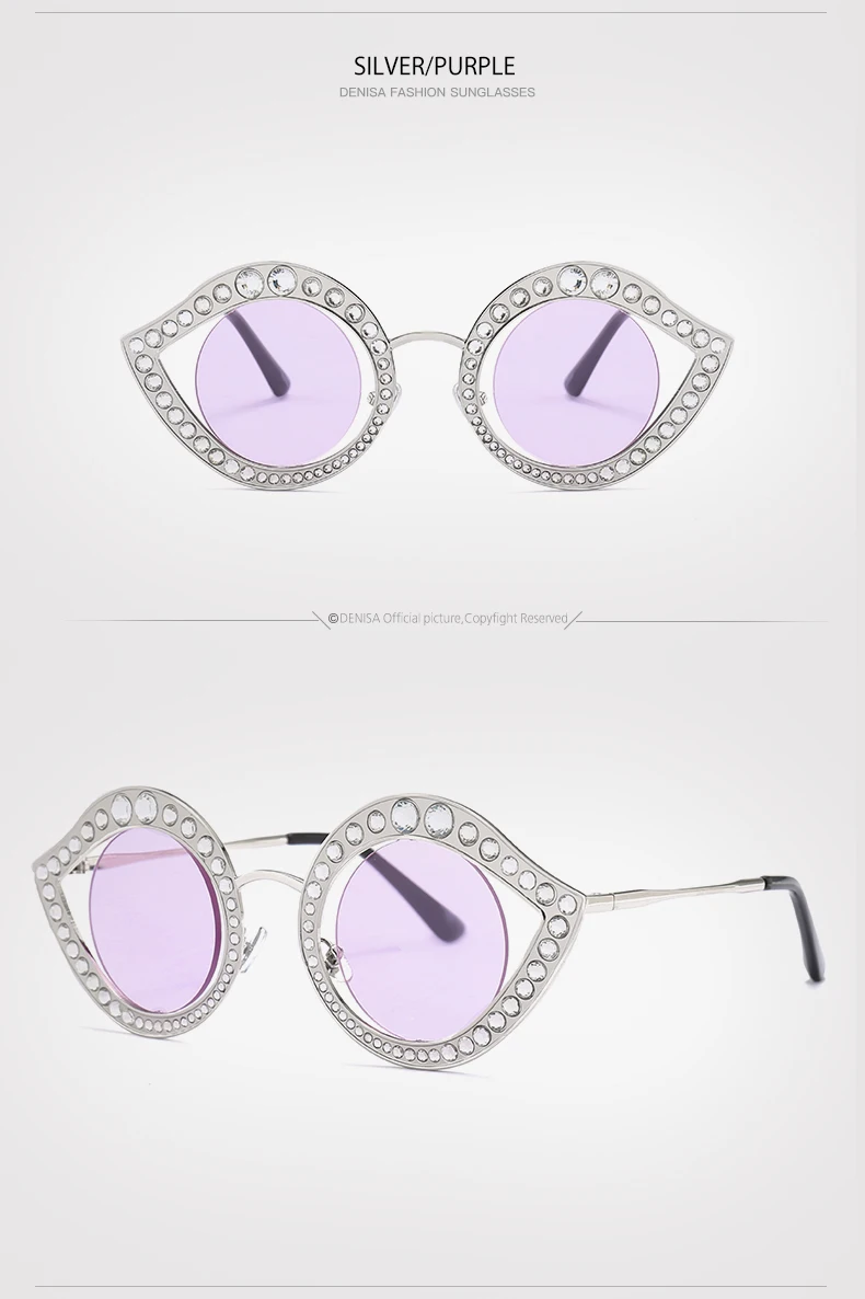 DENISA, круглые линзы, кошачий глаз, солнцезащитные очки для женщин,, трендовые очки со стразами, Винтажные Солнцезащитные очки для девушек, UV400, femme lunette G18616