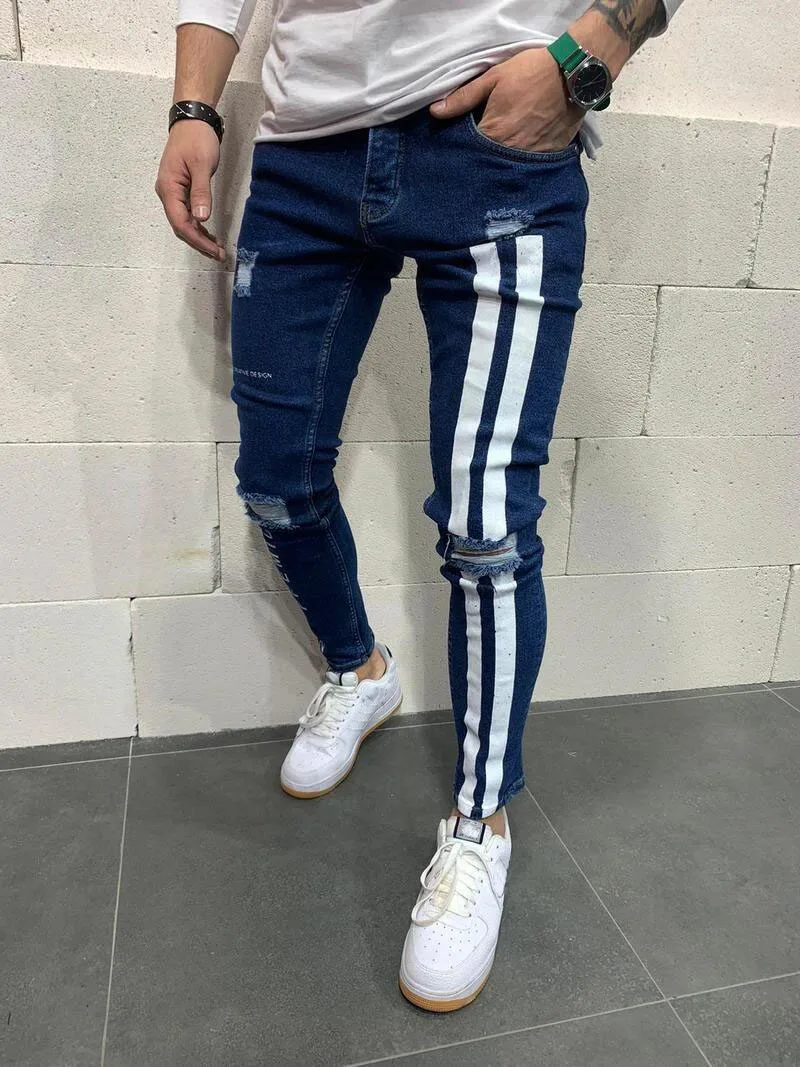 Fashion Streetwear Men Vintage Thin Destroyed Ripped Jeans Punk Pants