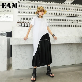 

[EAM] Women White Asymmetrical Hem Drawstring Split T-shirt New Round Neck Short Sleeve Fashion Tide Spring Autumn 2020 1S573