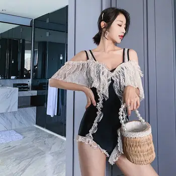 

2020 New Vintage One Piece Swimsuit Women Swimwear Slim Low Back Swimsuit Bikini Push-Up Bathing Plus Size Black Lace Beachwear