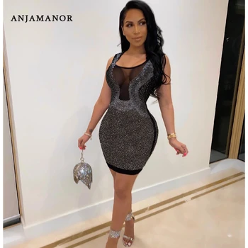 

ANJAMANOR Rhinestones Glitter Sexy Club Dresses 2020 Summer Plus Size Sheer Mesh Sleeveless Bodycon Mini Dress for Women D35-AF8