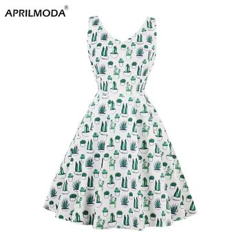 

Sleeveless Retro Vintage Rockabilly Dress Women Summer Style Cactus Printed Green Black Audrey Hepburn Tea Party Casual Dresses