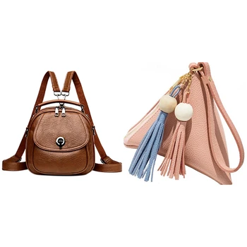 

2 Pcs Women'S Small Backpack Handbag Cute Small Messenger Bag Casual Shoulder Bag Casual Backpack-Brown Pink