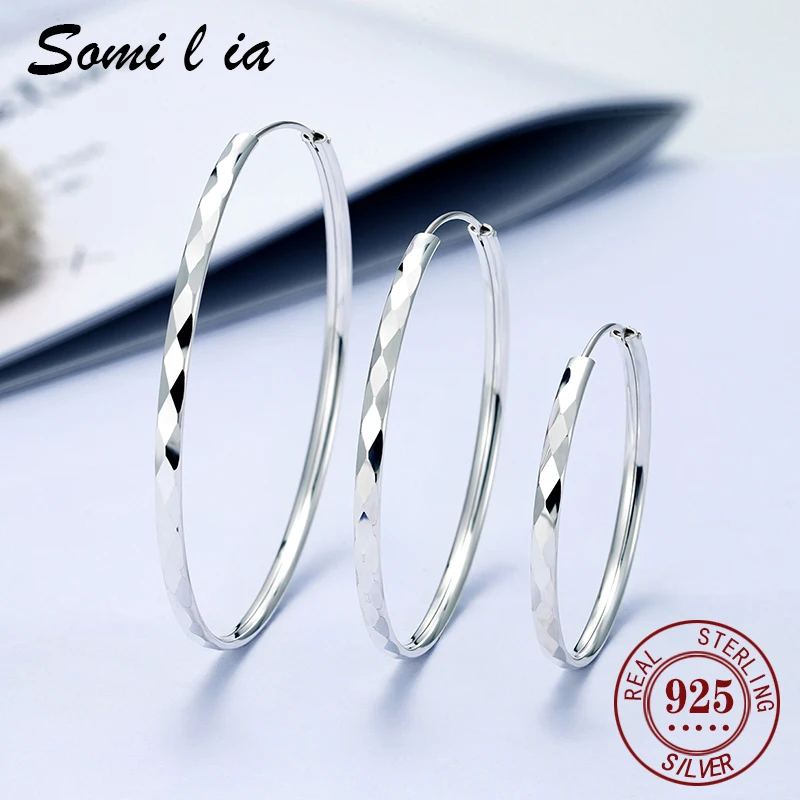 

SOMILIA Platinum Plated Big Hoop Earrings for Women 925 Sterling Silver Jewelry Female Fashion Women Earrings 30m 40mm 50mm 60mm