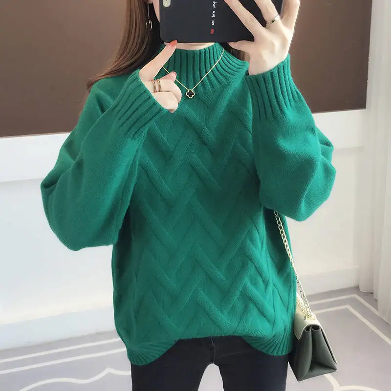 green no velvet Новинка, зимние женские корейские свободные бархатные вязанные пуловеры, свитер, женский свитер с высоким воротом, утолщенный флисовый низ, вязаные топы X51 - Цвет: green no velvet
