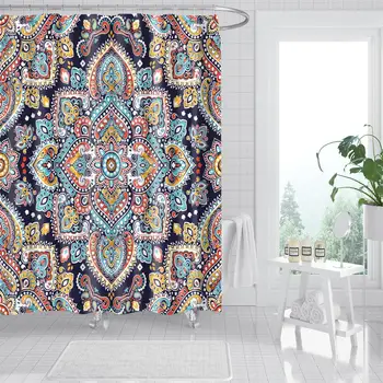 

Waterproof Thicken Blue Yellow Bohemian Bathroom Shower Curtain Polyester Mildew Proof Bath Tub Curtain with 12 pcs Hooks