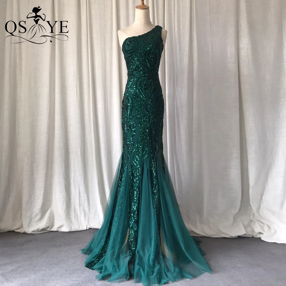 One Shoulder Emerald Evening Dresses Green Sequined Long Mermaid Prom ...