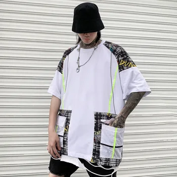 

Hip Hop Patchwork Letter Cartoon Character Printed Men Street Dance Personality Half Sleeve T-shirt With Two Pockets Tops Tees