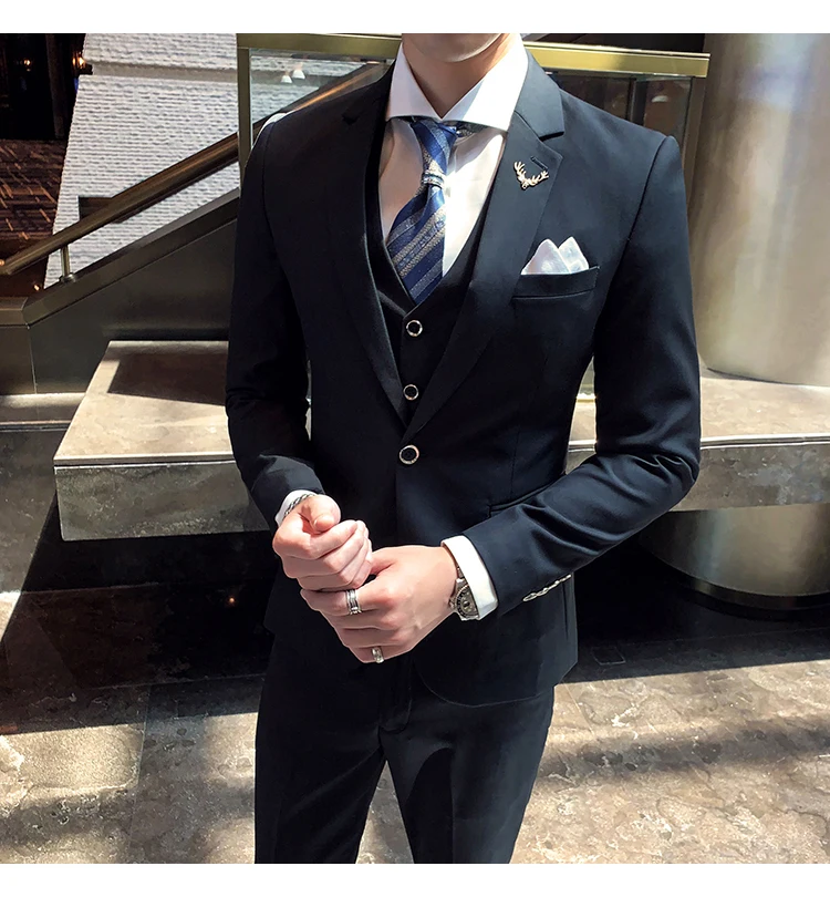 Сплошной цвет slim fit мужской костюм из 3 предметов свадебное платье мужской повседневный деловой пиджак Свадебный Выпускной костюм жениха одежда смокинг