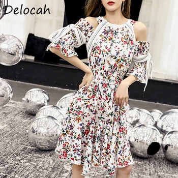 

Delocah Women Fashion Designer Holiday Midi Dress Sexy Strapless Floral Print Female Party Slim Fit A-Line Dresses vestidos 2020