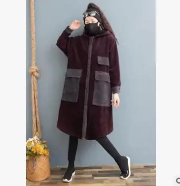 old purple Зимние женские парки вельветовые винтажные с капюшоном толстые теплые контрастные цвета длинные с хлопковой подкладкой свободные женские пальто YoYiKamomo - Цвет: old purple
