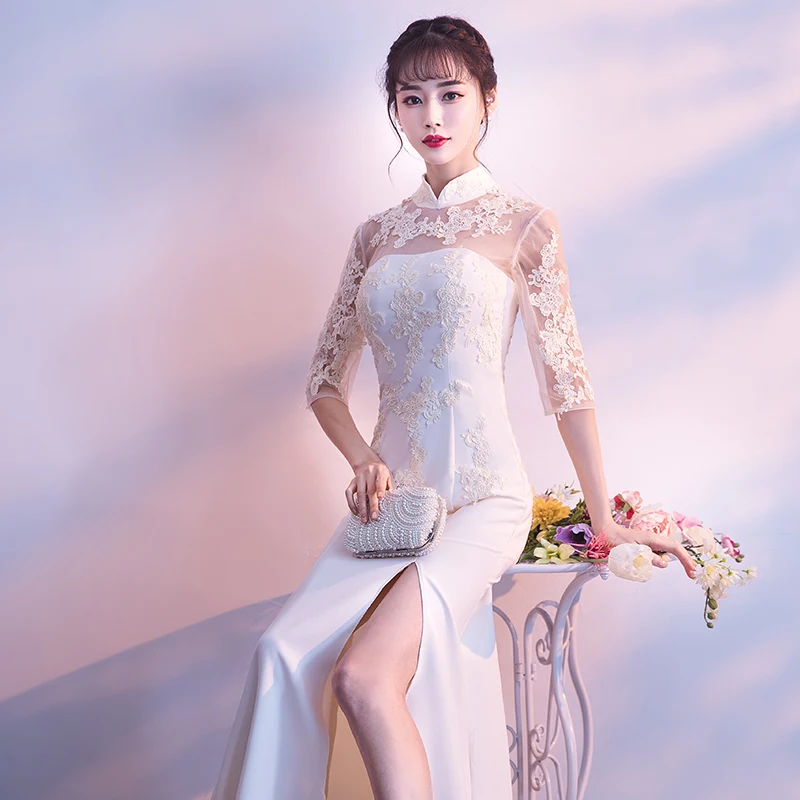 Соблазнительная девушка бокал для шампанского Cheongsam полной длины Для женщин кружевное платье Ципао с цветочным рисунком в китайском стиле свадебное платье Русалка Платье для вечеринки