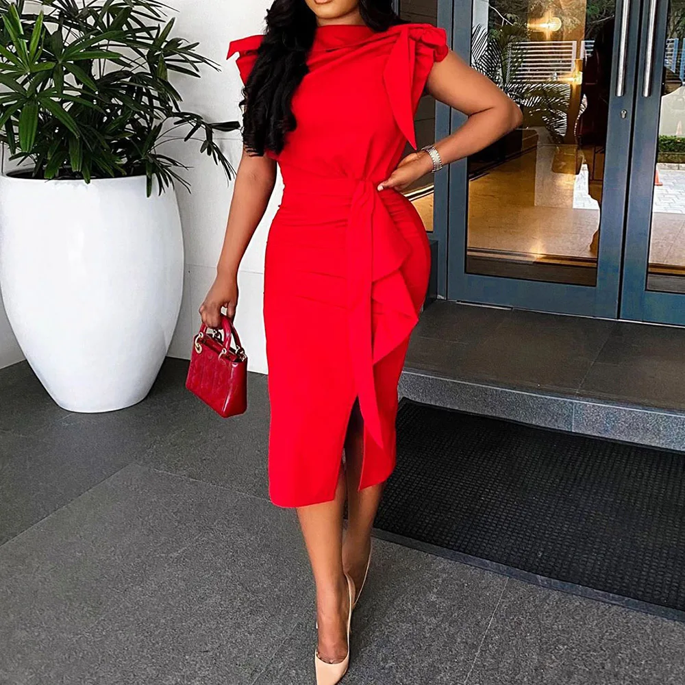 

Tanning Dress Europe America Spring Summer Fashion Tight Solid Color Sexy Commute Split Bowknot Short Sleeve Pencil Skirt