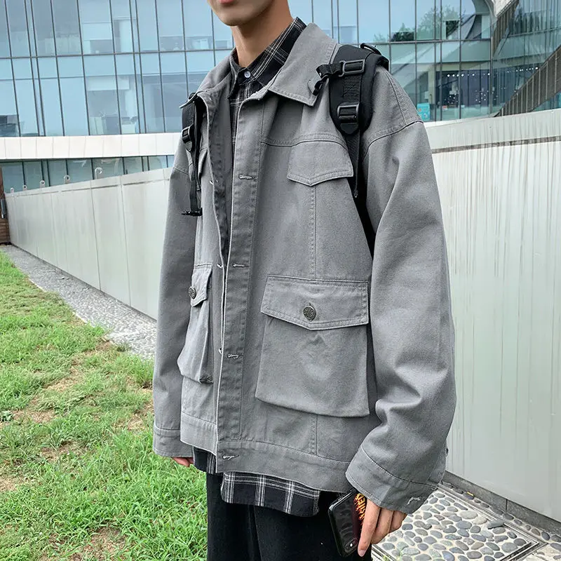 

Autumn Multi-pocket Tooling Jacket Men's Fashion Solid Color Cotton Casual Jacket Men Streetwear Loose Hip Hop Bomber Jacket Men