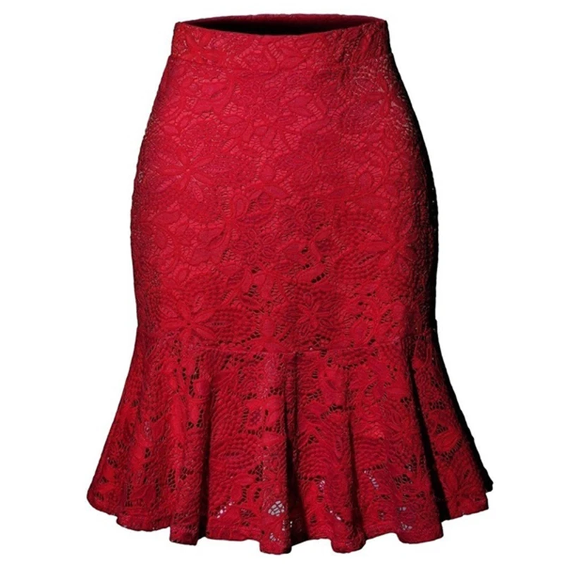 Women Midi Slim Skirt Ladies Elegant Ruffles Skinny Skirts Female Fashion High Waist Lace Skirt Casual Solid Color For Women - Цвет: wine red