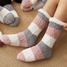 Женские носки, зимние Бархатные носки в полоску, женская уличная мода, Нескользящие теплые женские носки, Calcetines Mujer