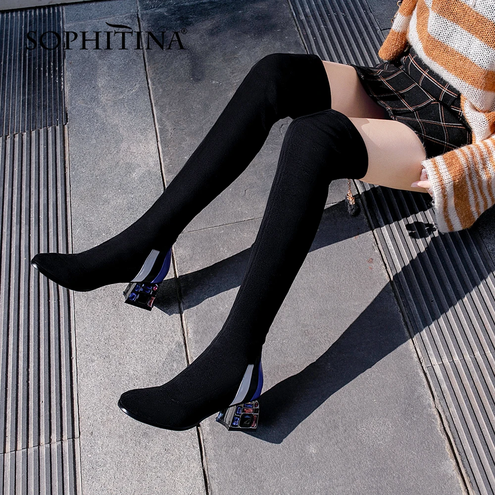 SOPHITINA/модные дизайнерские ботинки; женские разноцветные пикантные Туфли с круглым носком на квадратном каблуке с украшением в виде кристаллов; Новинка; растягивающиеся сапоги; большие размеры; PO357
