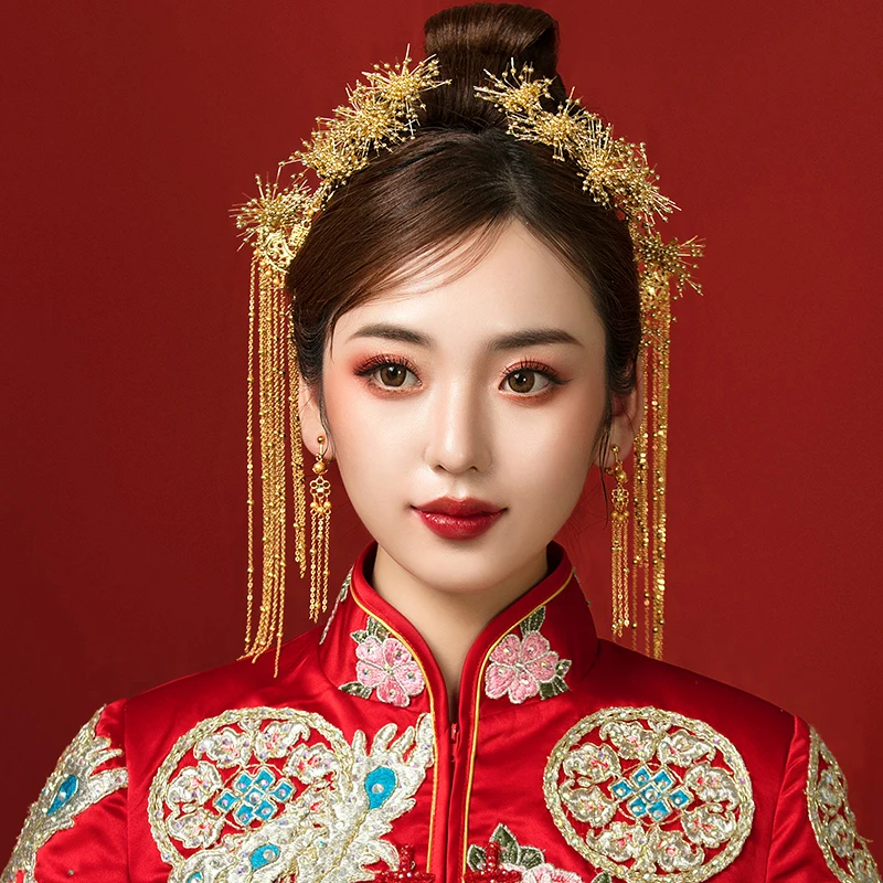 Китайский головной убор невесты, Золотая Звезда, кисточки, свадебные украшения для волос, заколки для волос, женские винтажные повязки на голову, свадебные заколки для волос