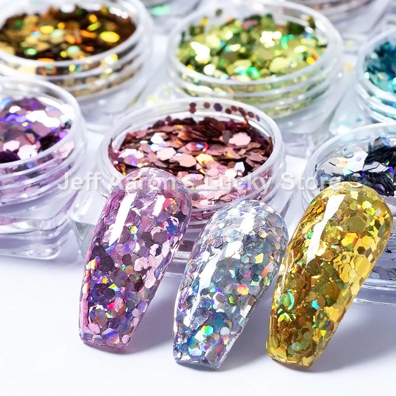 

1 Pot hexagon holographic glitter gel nail polish sequins nail art decorations decals manicure fake nails accessories supplies